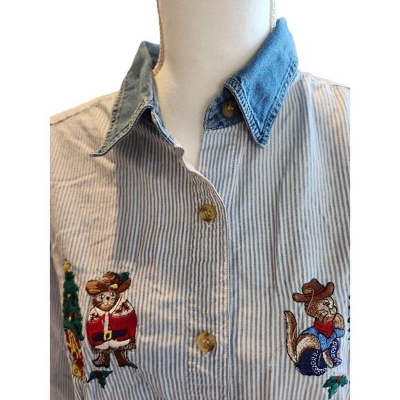 Vintage 90s Christmas Button Up Shirt 18W Denim Pin Stripe Blue Embroidered - Picture 3 of 6